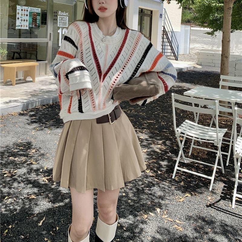 Crew Neck Striped Pointelle Knit Sweater / Cardigan Product Image