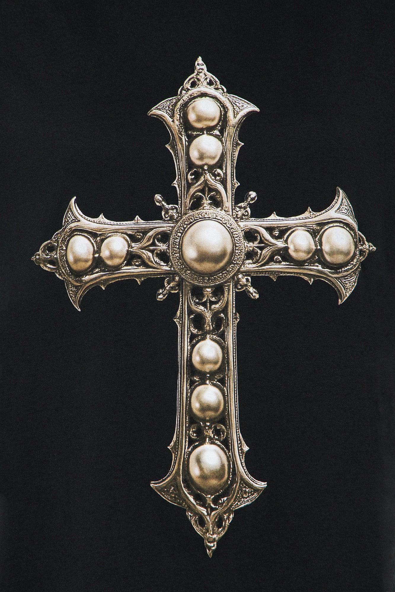 Gothic Cross With Pearls Tee - Black Product Image