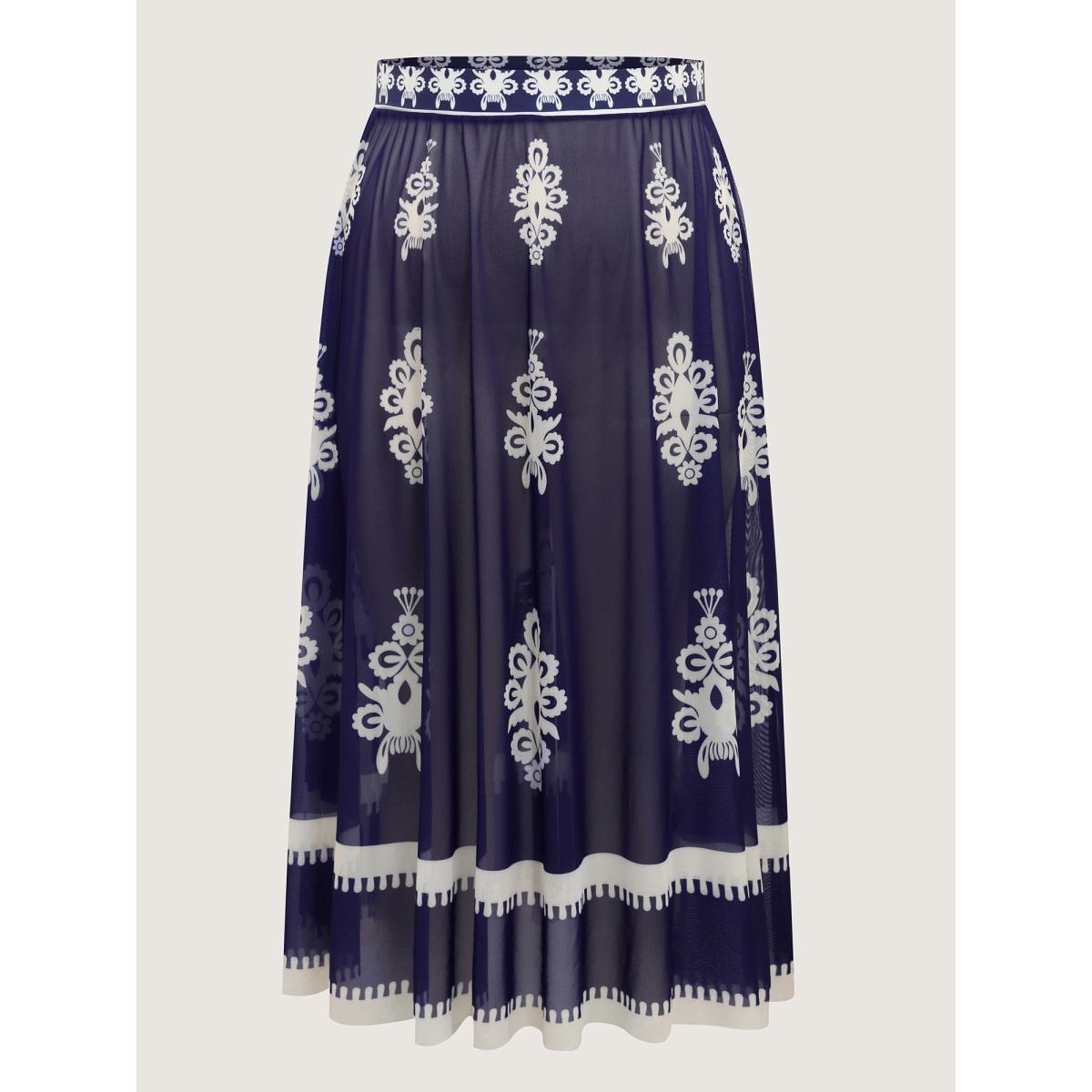 Plus Size Two-Piece Boho Print Sarong Swimsuit Women's Swimwear Indigo Beach Contrast Curve Bathing Suits High stretch One Pieces BloomChic 26/4X Product Image