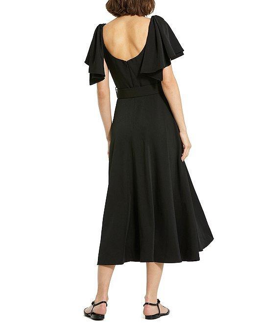 Mac Duggal Crepe Scoop Neck Short Ruffle Sleeve Belted Midi A-Line Dress Product Image