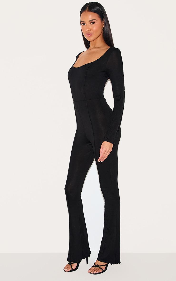 Black Jersey Seam Detail Split Sleeve Jumpsuit Product Image