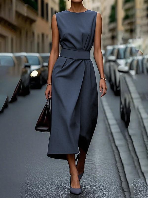 High Waisted Loose Pleated Solid Color Round-Neck Midi Dresses Product Image