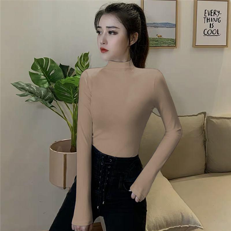 Long-Sleeve High Neck Plain T-Shirt Product Image