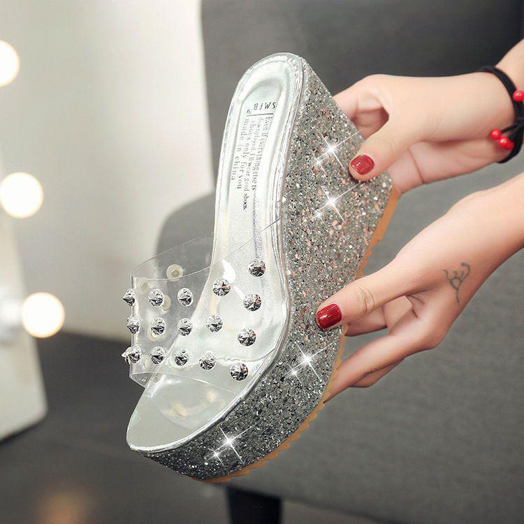 Glittered Wedge Slide Sandals Product Image