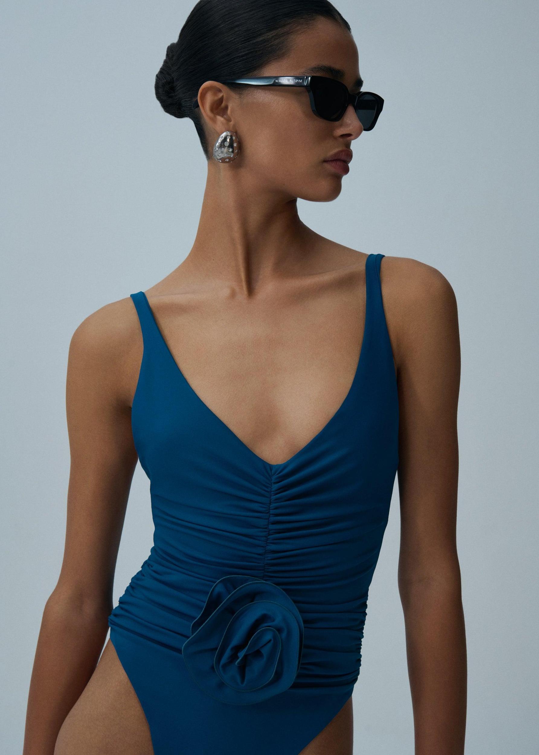 Ruched flower swimsuit in ocean blue Product Image