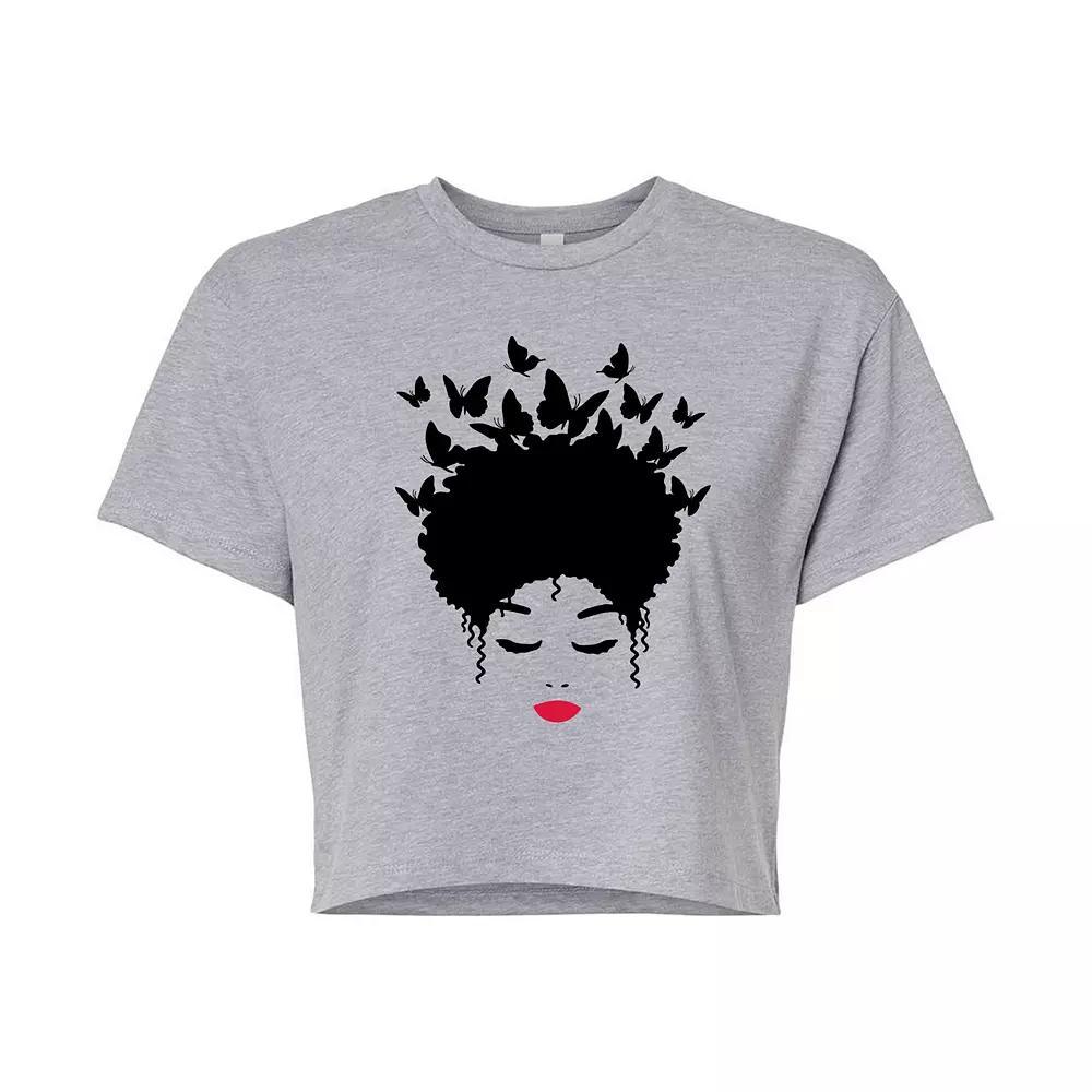 Juniors Woman of Color Black Butterfly Hair Cropped Tee, Girls Grey Gray Product Image