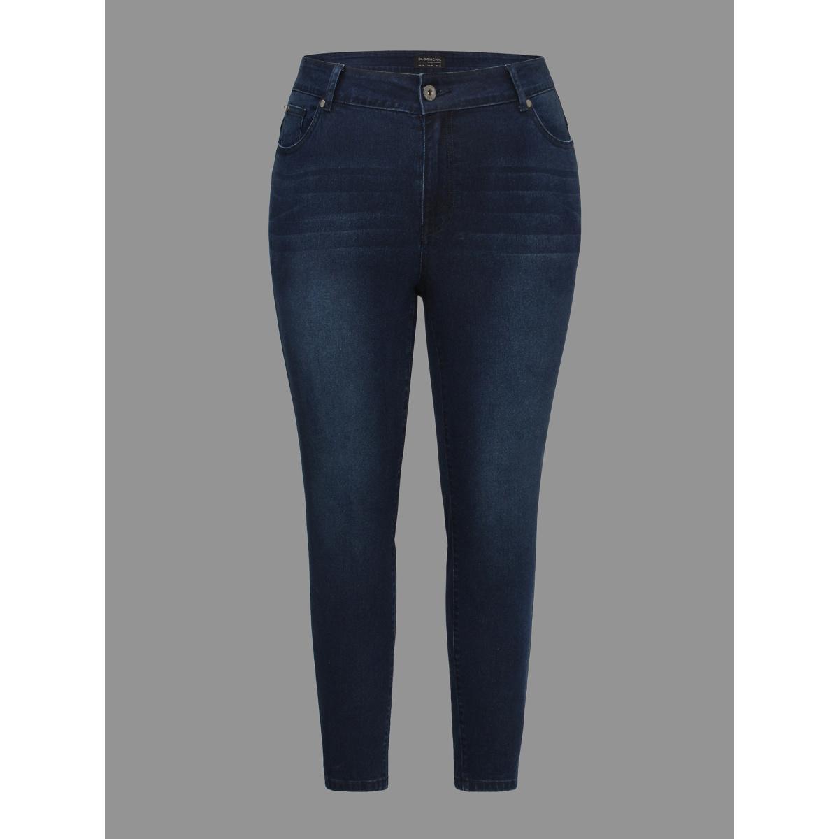 Plus Size Booty-Lifting Skinny Fit Mid-Rise Jeans Women Denimindigo Elegant Button Medium stretch Slanted pocket Jeans BloomChic 12/L Product Image