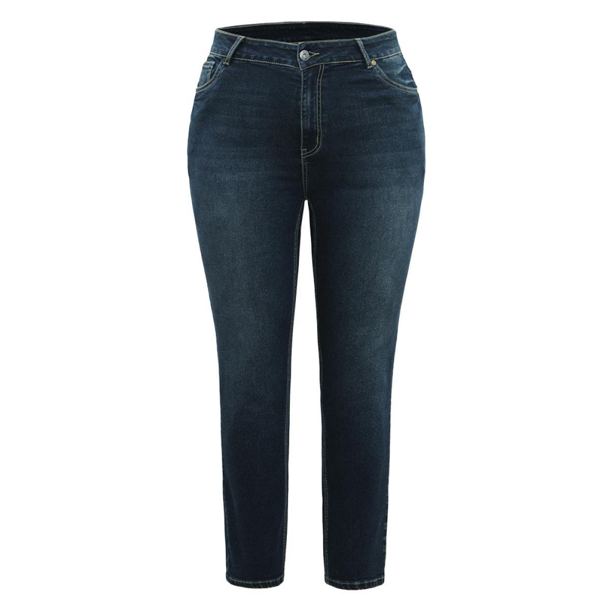 Plus Size Dark Wash Straight Leg High Rise Jeans Women Indigo Casual Plain Plain High stretch Pocket Jeans BloomChic 30/6X Product Image