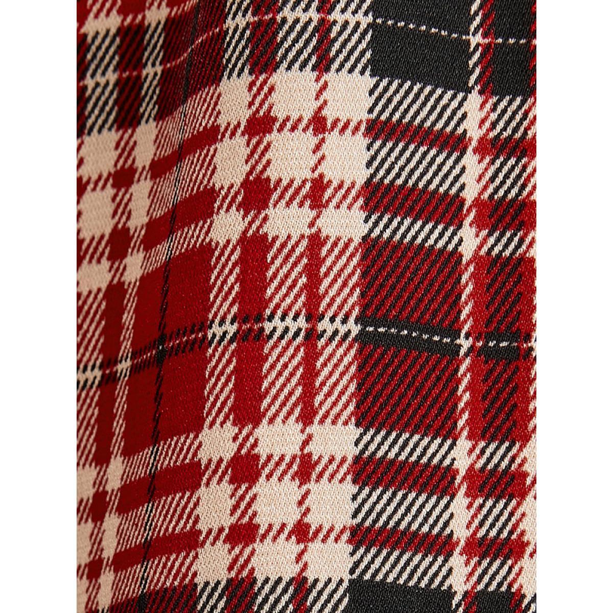 Plus Size Tartan Wrap Lantern Sleeve Pocket Knotted Split Dress Maroon Women Elegant Knotted V-neck Long Sleeve Curvy Midi Dress BloomChic 10/M Product Image