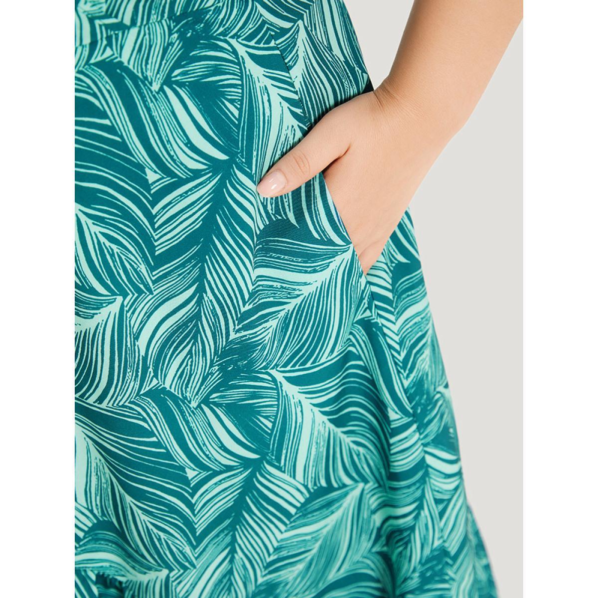 Plus Size Plant Print Ruffles Pocket Asymmetrical Hem Wrap Dress Green Women Vacation Wrap V-neck Short sleeve Curvy Midi Dress BloomChic 26/4X Product Image