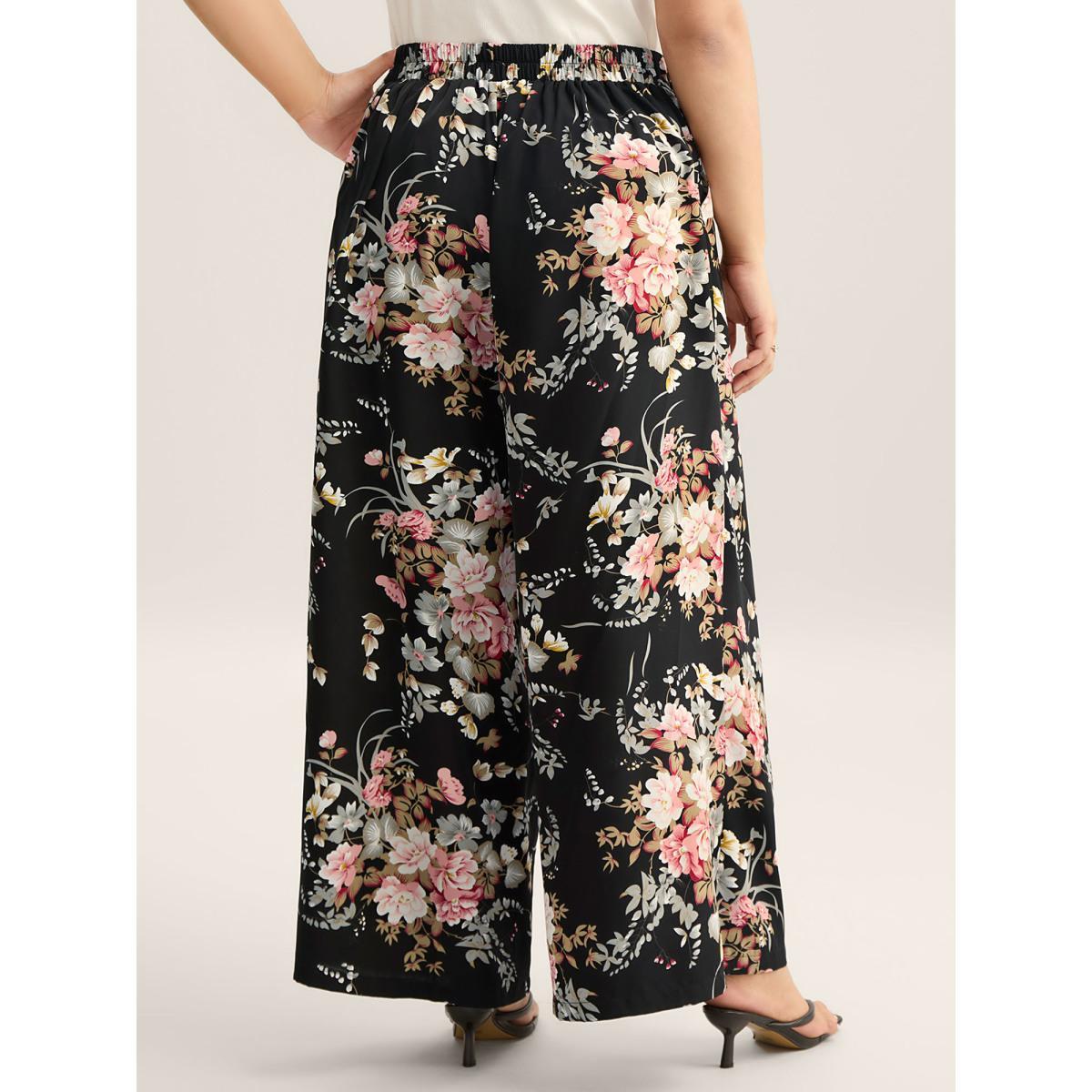 Plus Size Floral Print Pockets Wide-Leg Pants Women BlackFlower Elegant Wide Leg Mid Rise Everyday-Elegant Pants BloomChic 12/L Product Image
