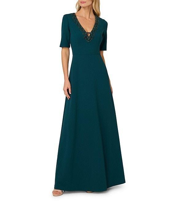 Adrianna Papell Crepe Beaded V-Neck Elbow Sleeve Mermaid Gown Product Image
