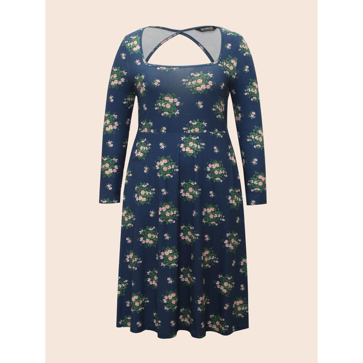 Plus Size Square Neck Floral Cut Out Dress Navy Women Elegant Cut-Out Square Neck Long Sleeve Curvy BloomChic 28/5X Product Image