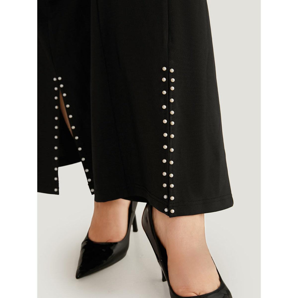 Plus Size Bootcut Pearl Beaded Split Front Pants Women Black Office Flare Leg High Rise Work Pants BloomChic 18-20/2X Product Image