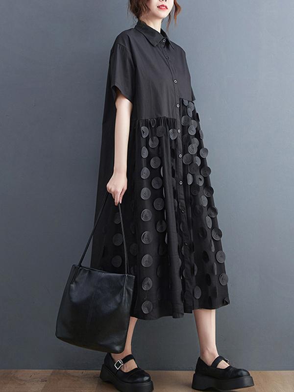 Original Casual Loose Polka-Dot Split-Joint Midi Shirt Dress Product Image