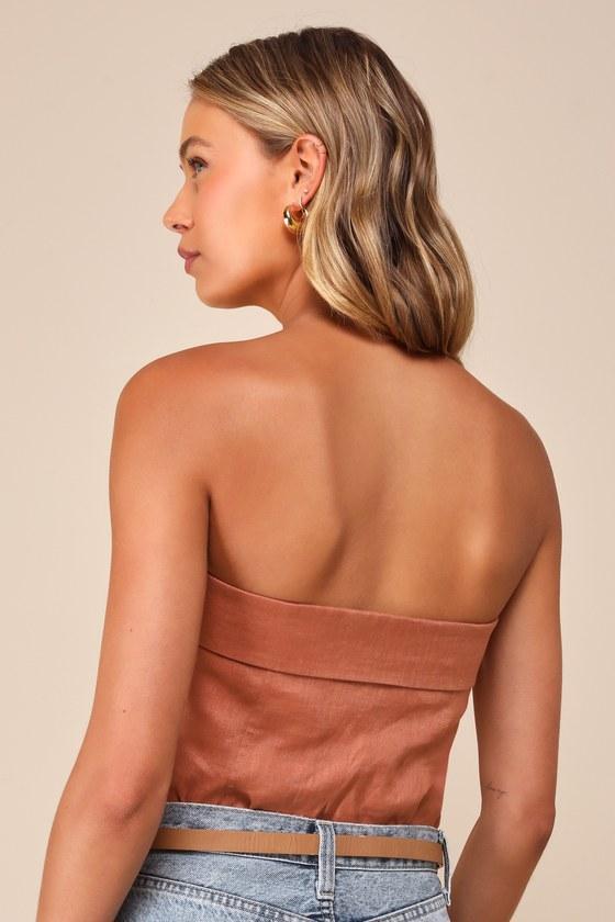 Breezy Presence Terracotta Linen Strapless Bustier Bodysuit Product Image