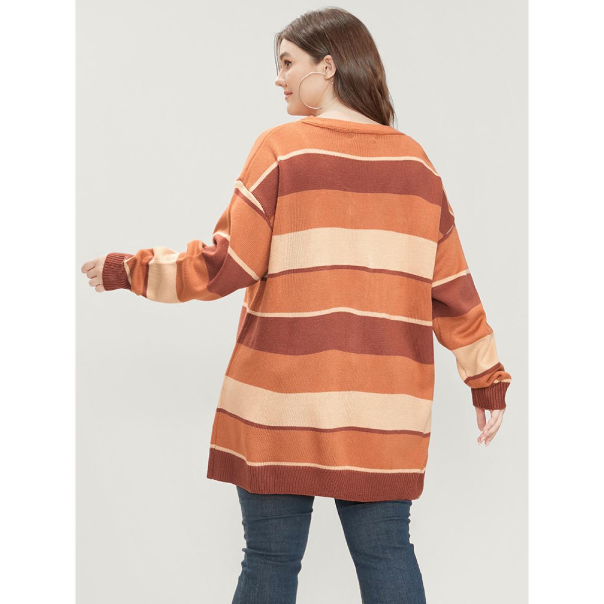 Plus Size Colorblock Contrast Pointelle Knit Button Front Cardigan Bronze Women Casual Long Sleeve Dailywear Cardigans BloomChic 14-16/1X Product Image