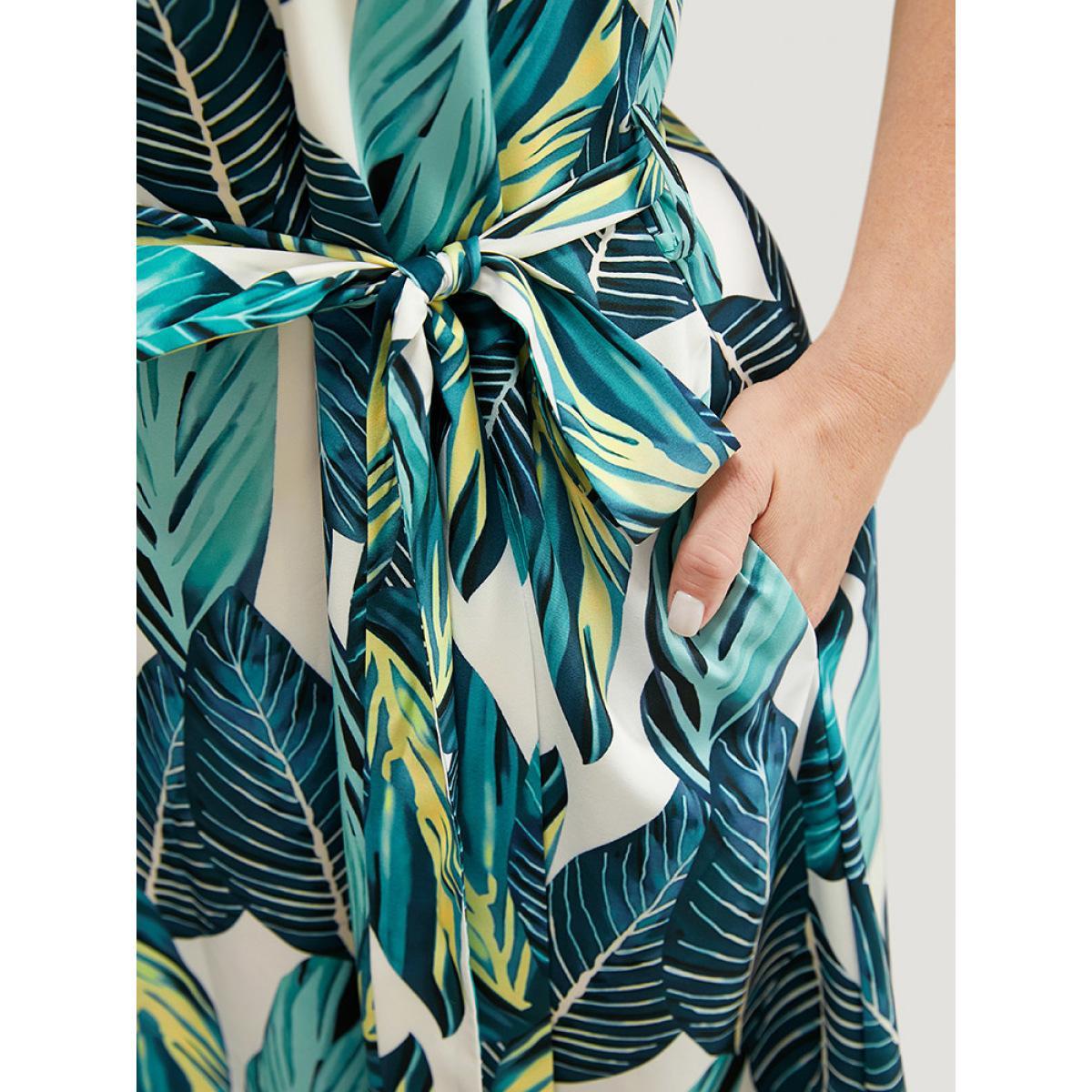 Plus Size Tropical Print Pocket Belted Tank Dress Emerald Women Vacation Cross straps Round Neck Sleeveless Curvy Knee Dress BloomChic 18-20/2X Product Image