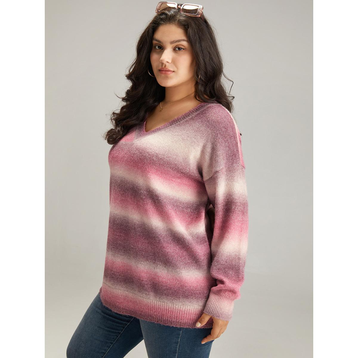 Plus Size Ombre Heather V Neck Elastic Cuffs Pullover Multicolor Women Casual Loose Long Sleeve V-neck Dailywear Pullovers BloomChic 18-20/2X Product Image