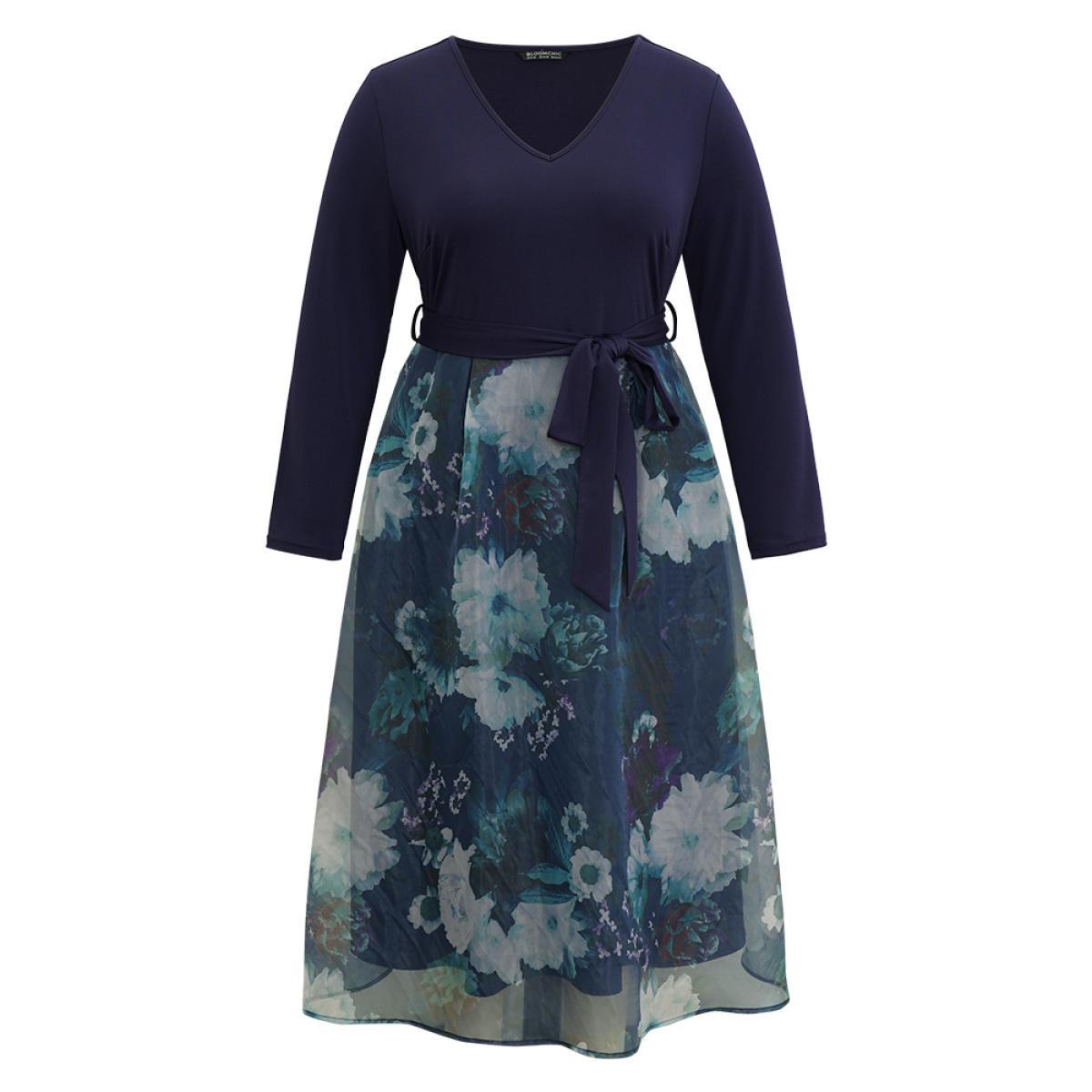 Plus Size Floral Print Belted Patchwork Mesh Dress DarkBlue Women Elegant Belted V-neck Long Sleeve Curvy Midi Dress BloomChic 22-24/3X Product Image