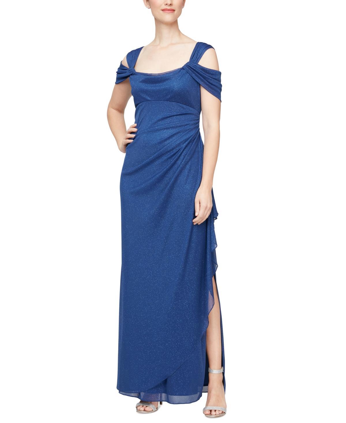 Alex Evenings Glitter Mesh Cowl Neck Cold Shoulder Cap Sleeve Side Slit Ruched Gown Product Image