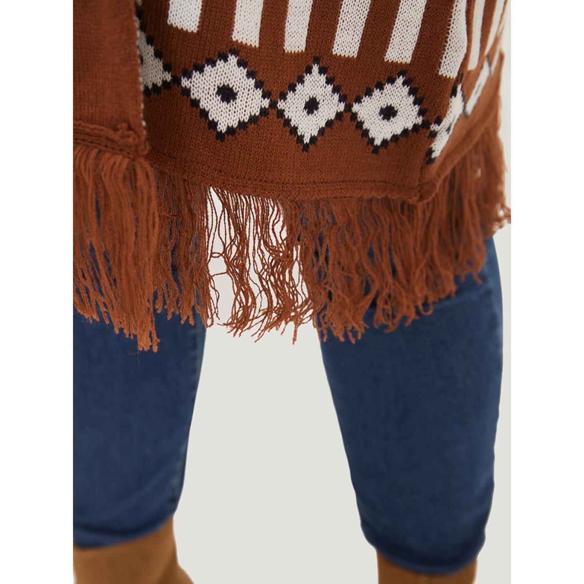 Plus Size Geometric Tassel Trim Open Front Cardigan Maroon Women Casual Loose Long Sleeve Dailywear Cardigans BloomChic 18-20/2X Product Image