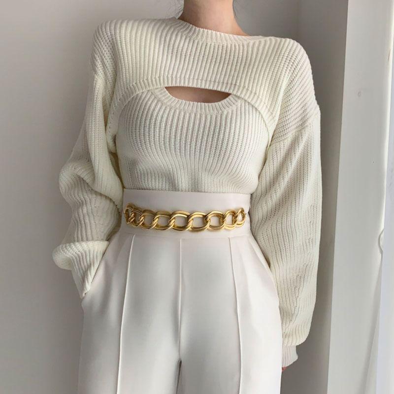 Set: Crew Neck Plain Ribbed Cropped Sweater + Scoop Neck Tank Top Product Image