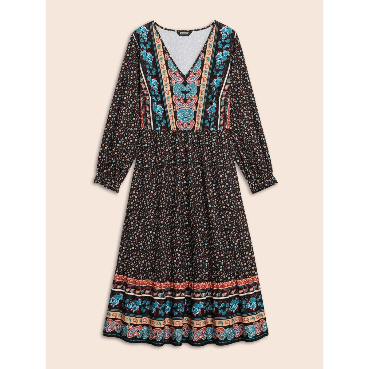 Plus Size Boho Print V Neck Elastic Waist Dress Black Women Resort Frill Trim V-neck Long Sleeve Curvy BloomChic 26/4X Product Image