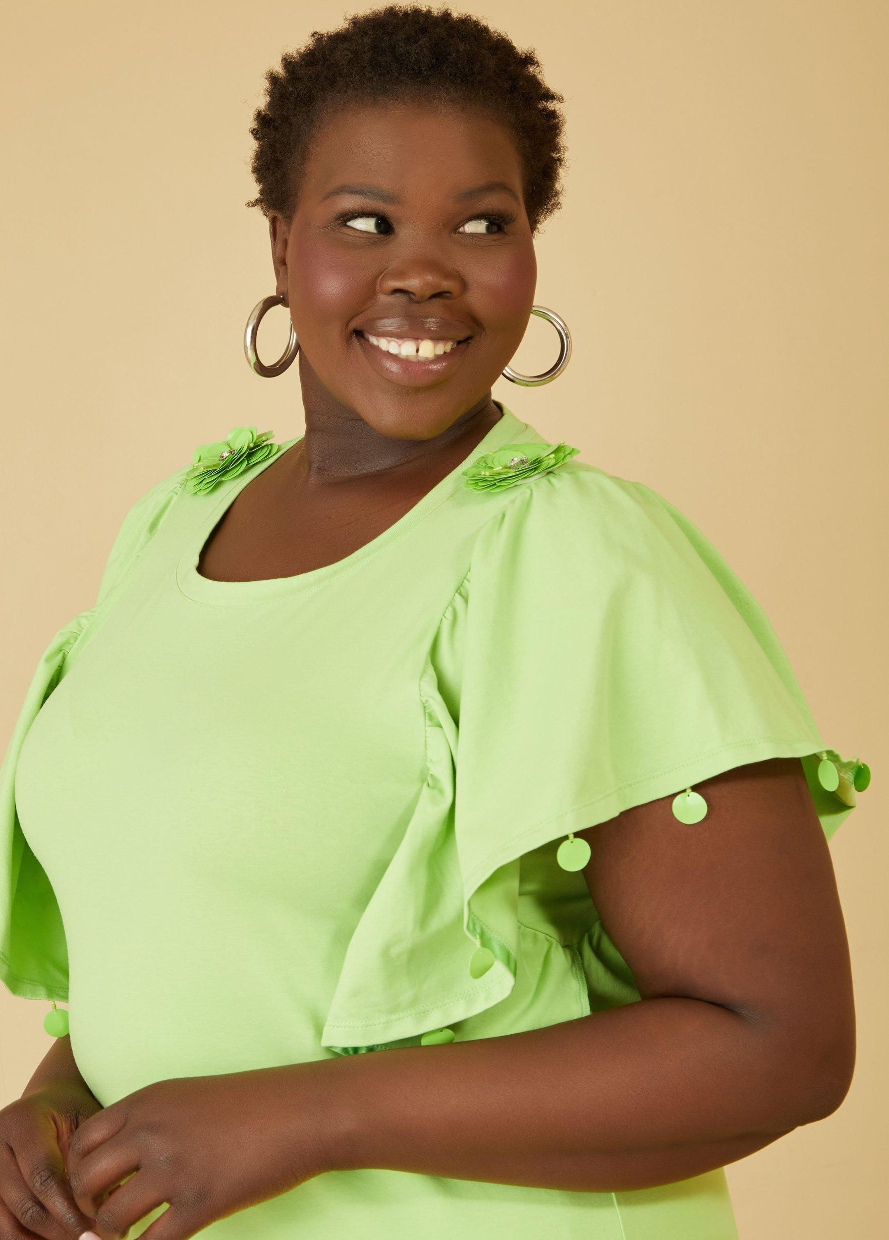 Plus Size Embellished Ruffle Sleeved Top Ashley Stewart Product Image