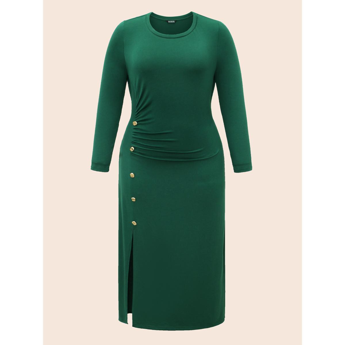 Plus Size Plain Button Detail Split Hem Dress DarkGreen Women Casual Gathered Round Neck Long Sleeve Curvy BloomChic 18-20/2X Product Image