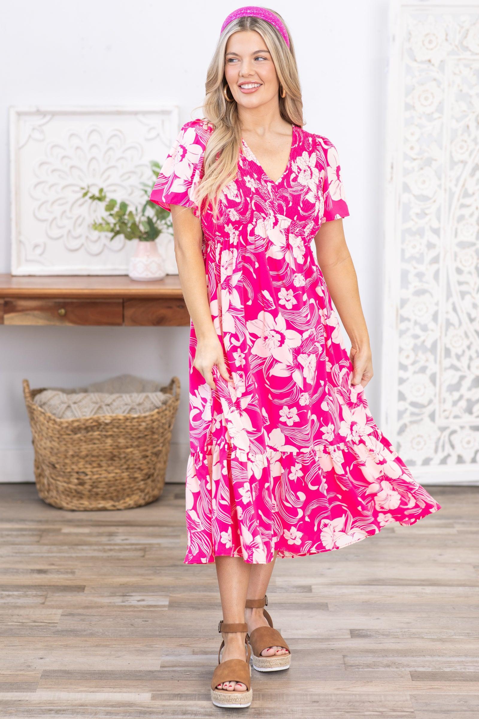 Pink Floral Print V-Neck Midi Dress Product Image