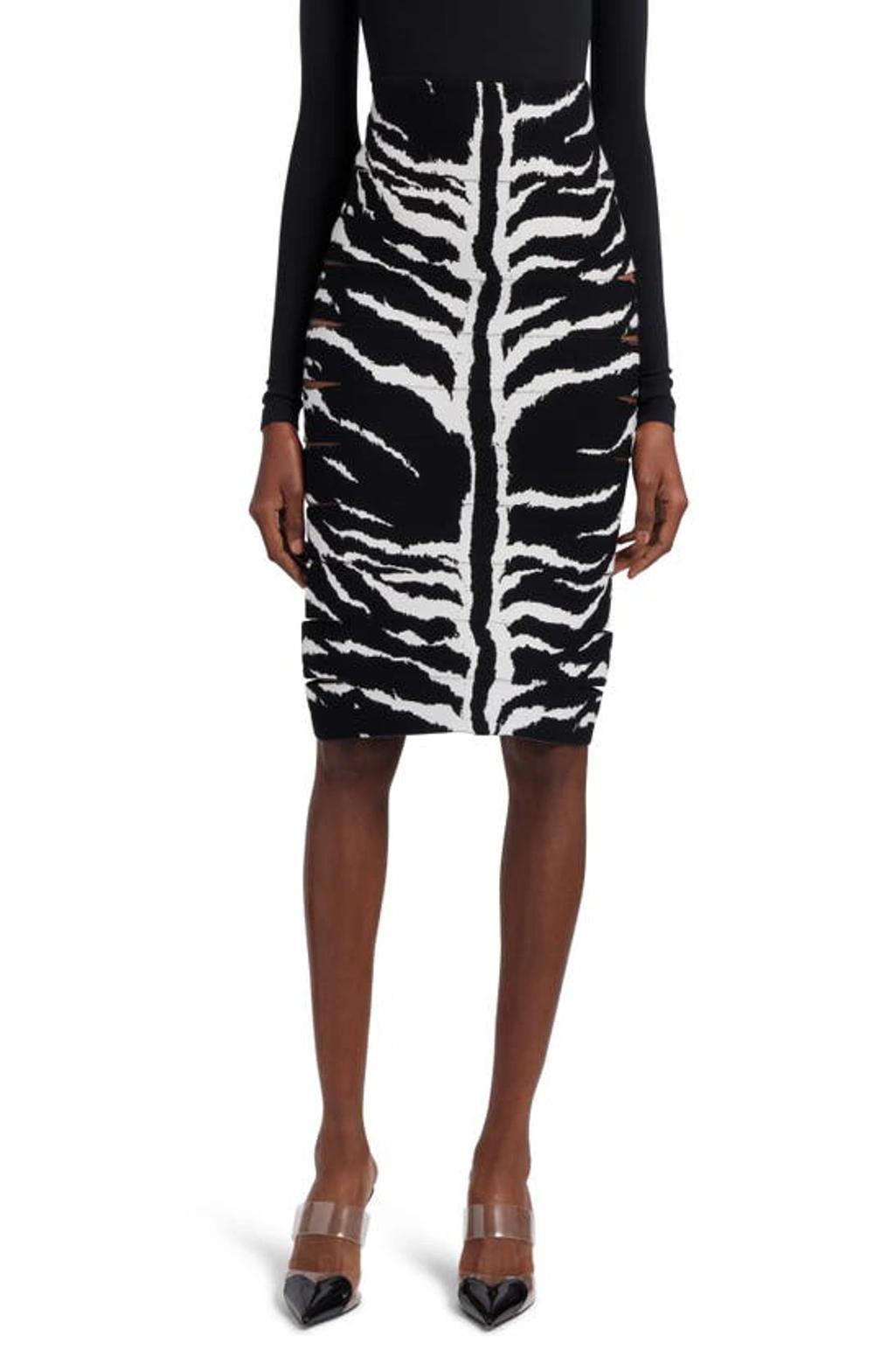 ALAÏA Zebra-printed High-rise Midi Skirt In Blanc Noir Product Image