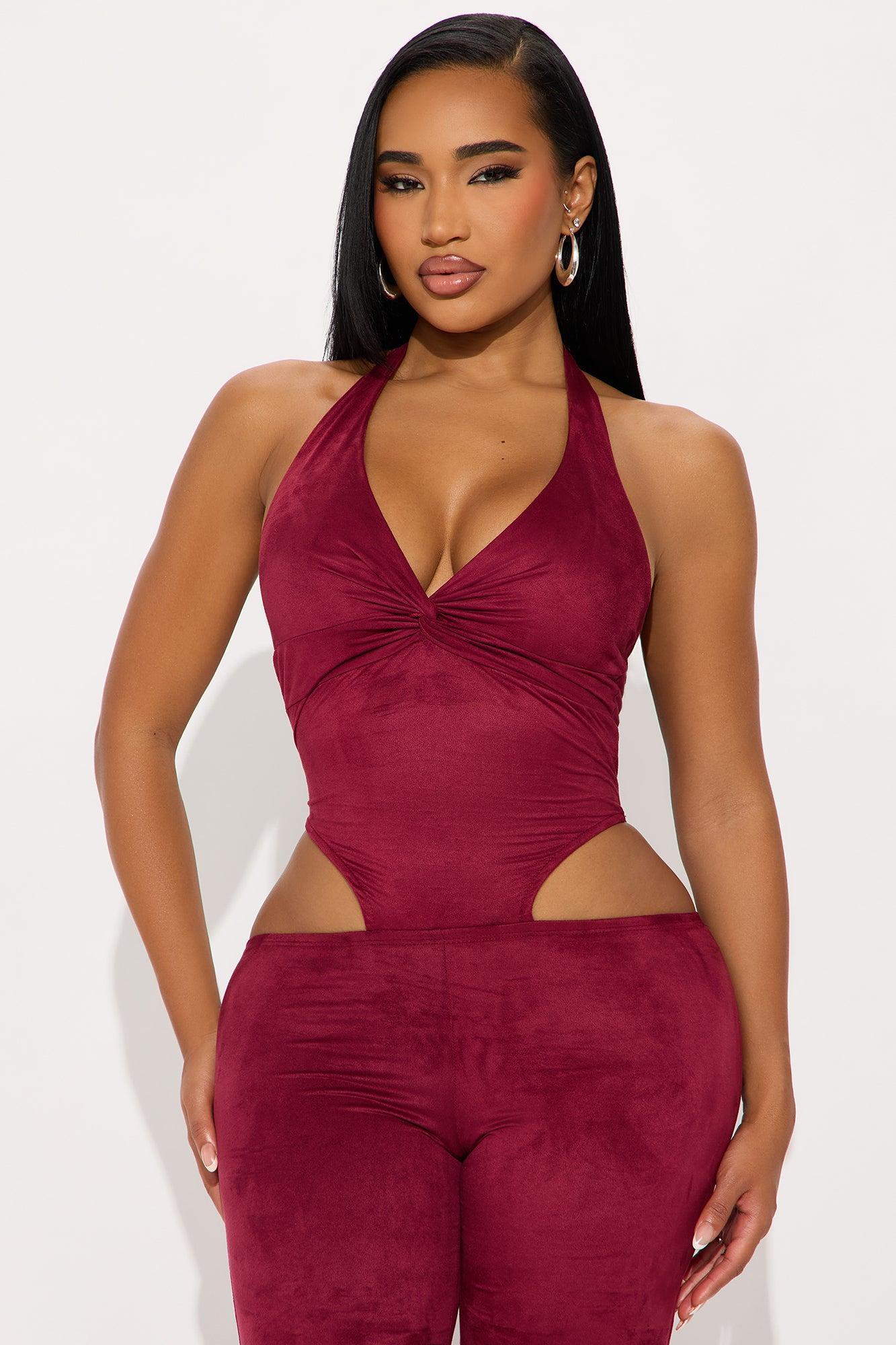 Lianna Faux Suede Halter Jumpsuit - Burgundy Product Image