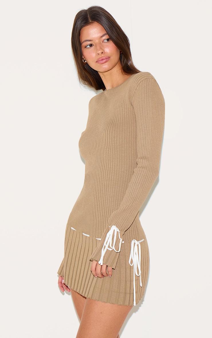 Taupe Rib Knit Pleated Contrast Tie Detail Long Sleeve Mini Dress Product Image