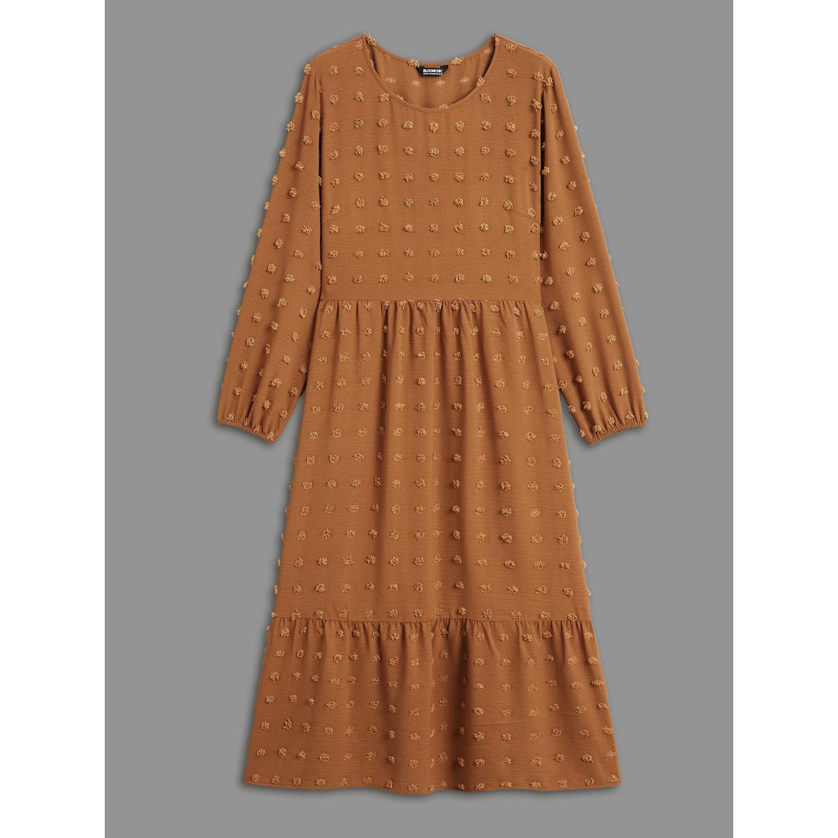 Plus Size Plain Textured Crew Neck Midi Dress Yellowishbrown Women Resort Texture Round Neck Long Sleeve Curvy BloomChic 18-20/2X Product Image