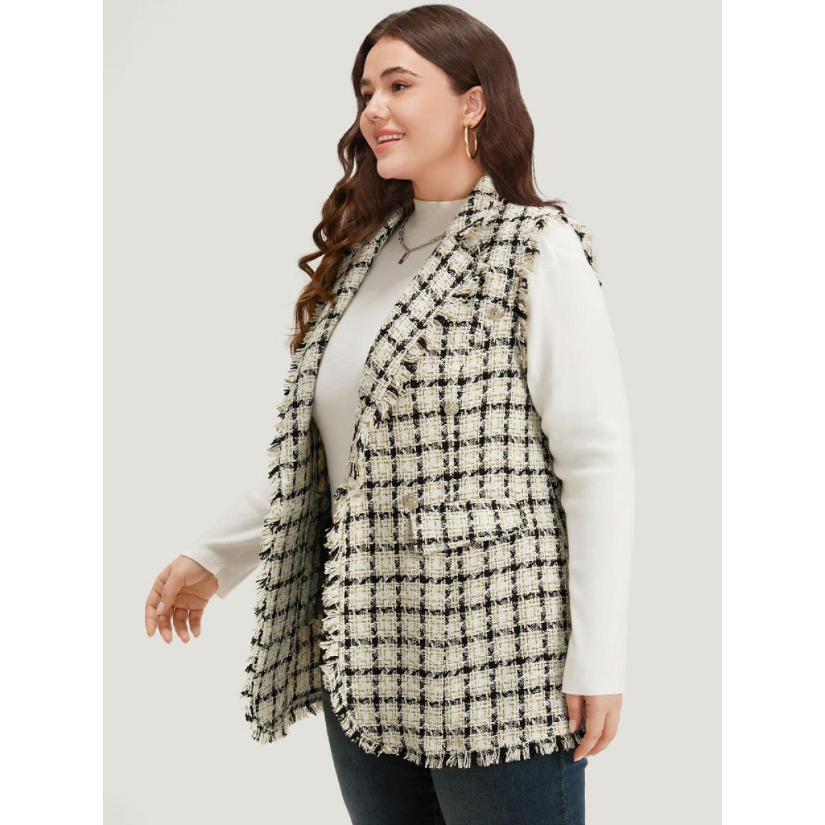 Plus Size Plaid Sleeveless Flap Pocket Button Up Blazer White Women Work Plaid Contrast Sleeve Long Sleeve Suit Collar 28/5X Pocket Casual Blazers BloomChic Product Image