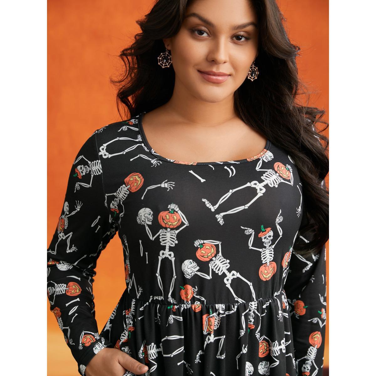 Plus Size Pumpkin Skeleton Elastic Waist Midi Dress Black Women Cocktail Non Party Curvy Bloomchic 26/4X Product Image