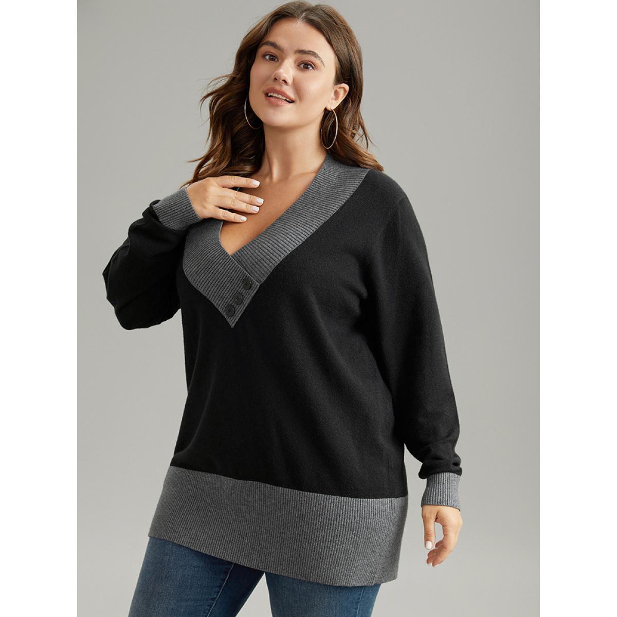 Plus Size Supersoft Essentials Contrast Deep V Neck Button Detail Pullover Black Women Casual Long Sleeve Deep V-neck Everyday Pullovers BloomChic 28/5X Product Image