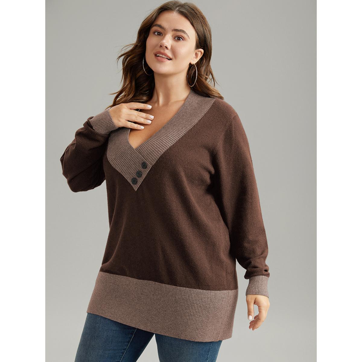 Plus Size Supersoft Essentials Contrast Deep V Neck Button Detail Pullover DarkBrown Women Casual Long Sleeve Deep V-neck Everyday Pullovers BloomChic 26/4X Product Image