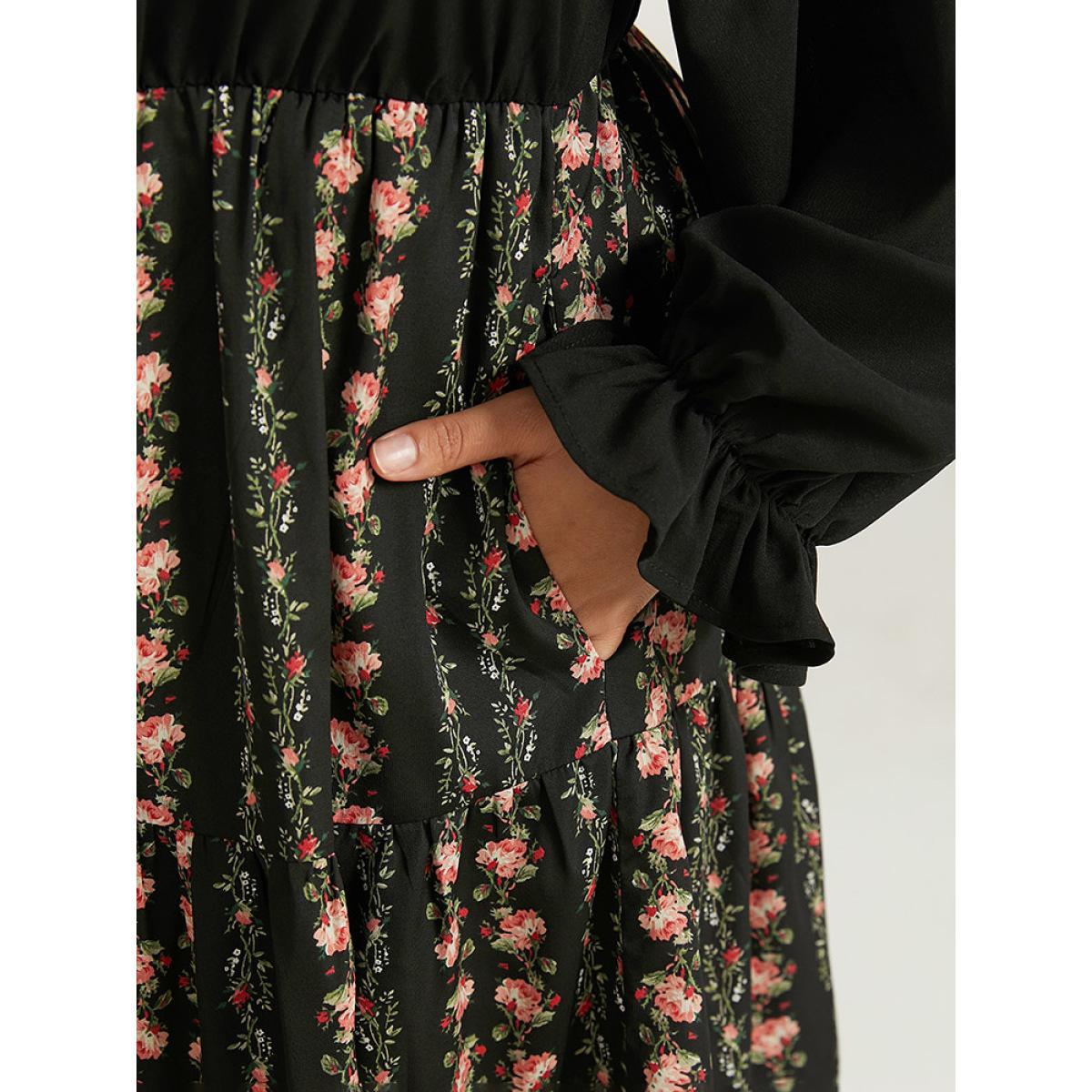 Plus Size Floral Ruffle Layered Hem Square Neck Dress Black Women Office Elastic cuffs Square Neck Long Sleeve Curvy Midi Dress BloomChic 10/M Product Image