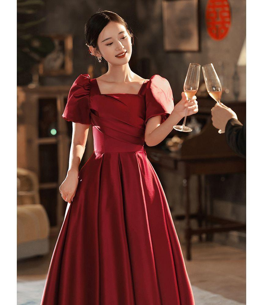 Puff Sleeve Square Neck Plain Pleated Bow A-Line Evening Gown Product Image