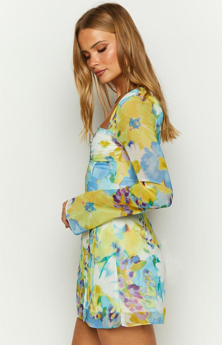 Lucy Blue Floral Long Sleeve Mini Dress Product Image
