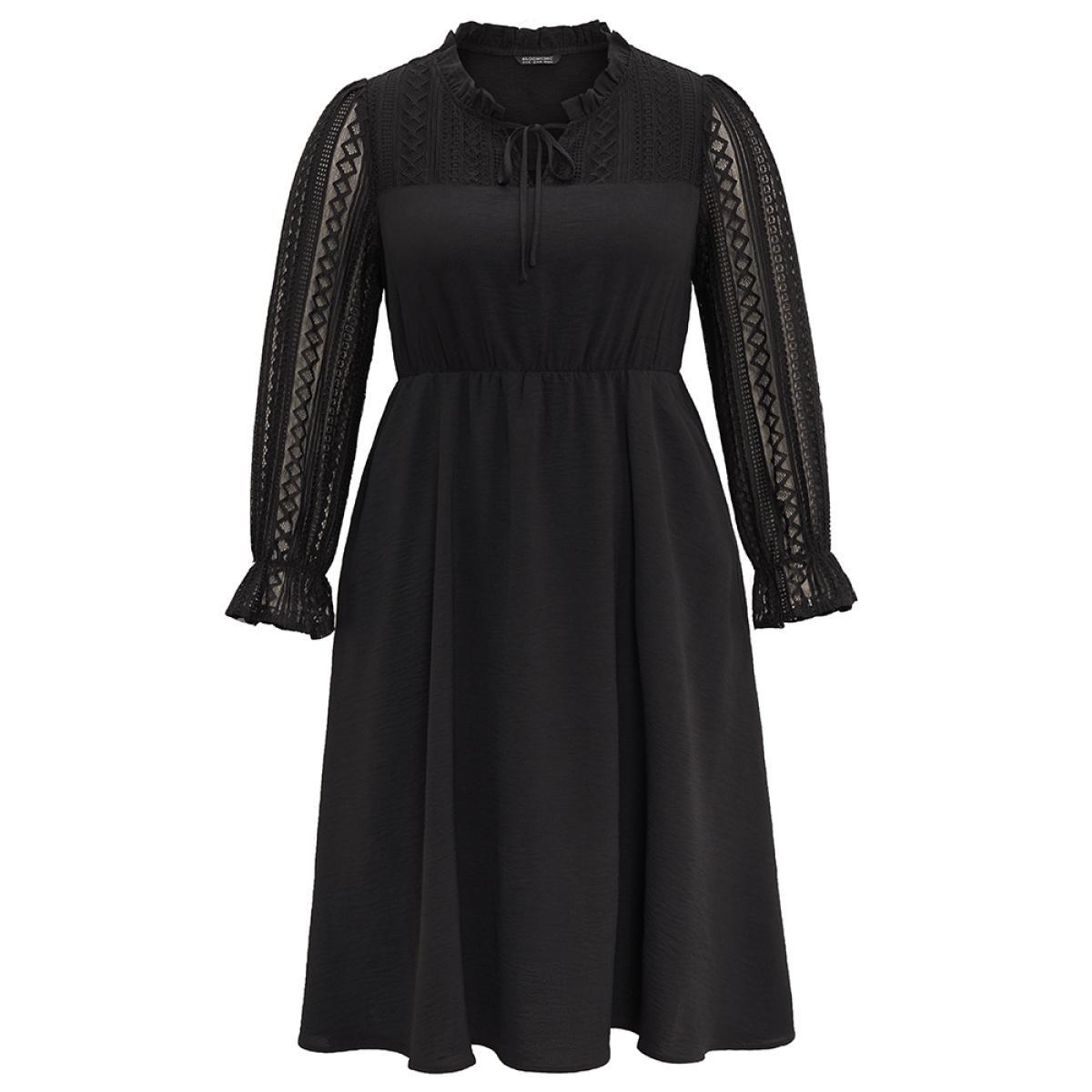 Plus Size Guipure Lace Knot Neck Ruffle Long Sleeve Dress Black Women Elegant Texture Tie Neck Long Sleeve Curvy Midi Dress BloomChic 12/L Product Image