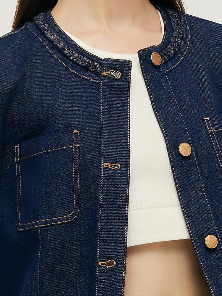 Round Neck Women Crop Denim Jacket Product Image