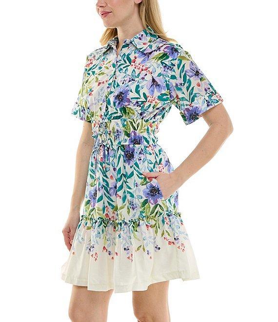Moda Tara Cotton Floral Print Button Front Collar Tiered Shirt Dress Product Image