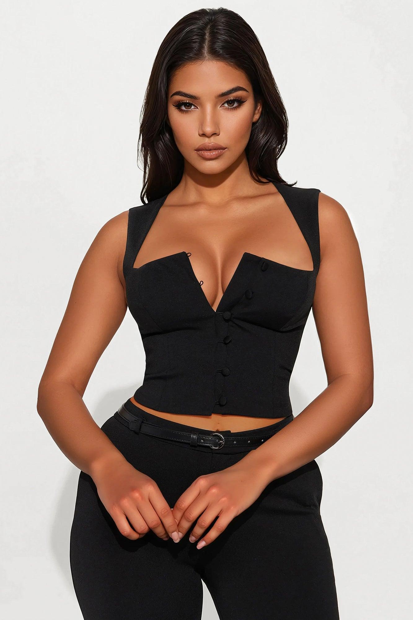 Hannah Square Neck Vest Capri Pant Set - Black Product Image