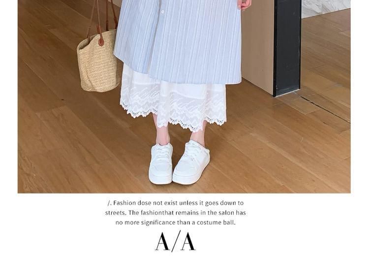 Maternity Short-Sleeve Band Collar Striped Midi A-Line Dress / High Rise Plain Lace Midi A-Line Skirt Product Image