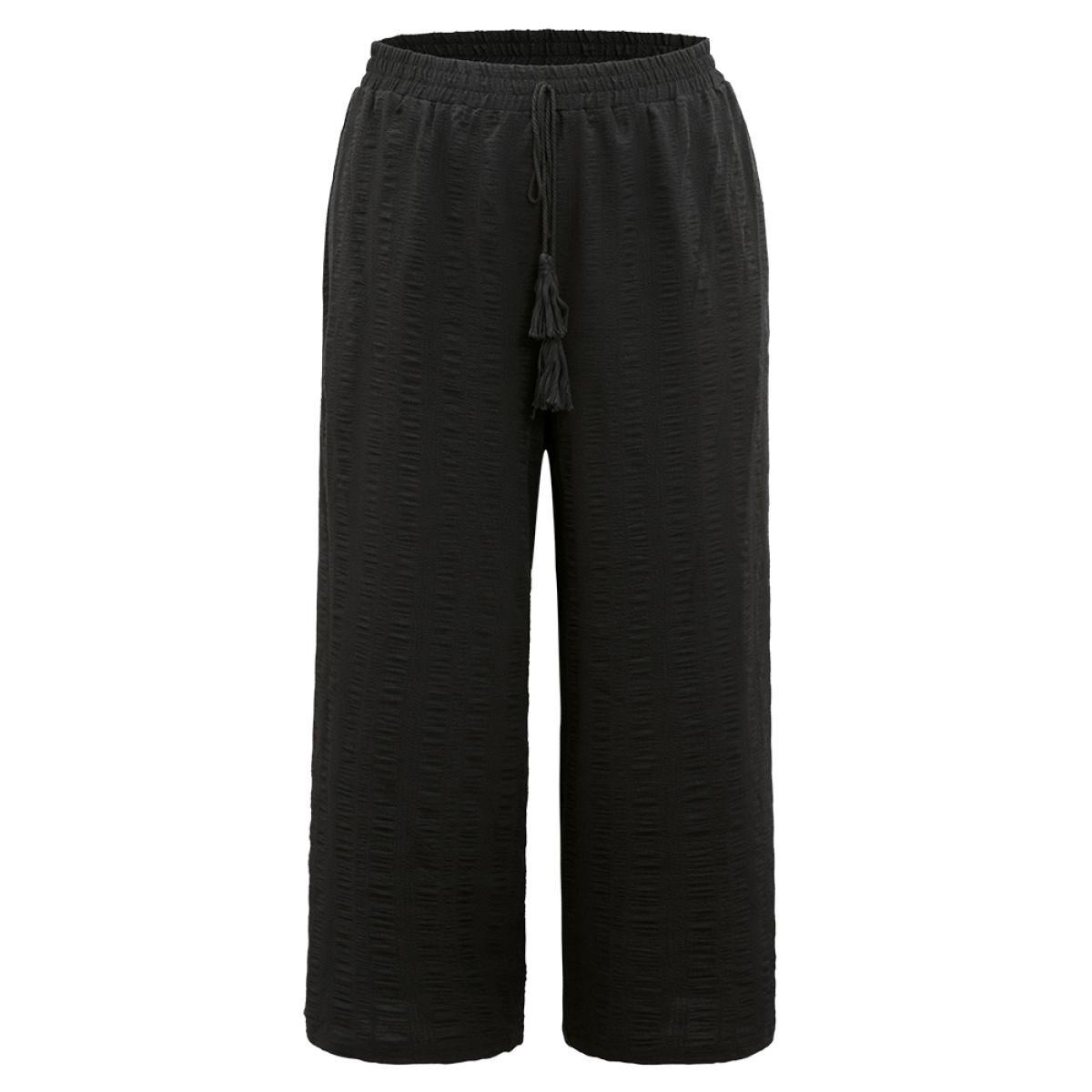 Plus Size Plain Tassel Knot Pocket Elastic Waist Pants Women Black Vacation Straight Leg High Rise Dailywear Pants BloomChic 30/6X Product Image
