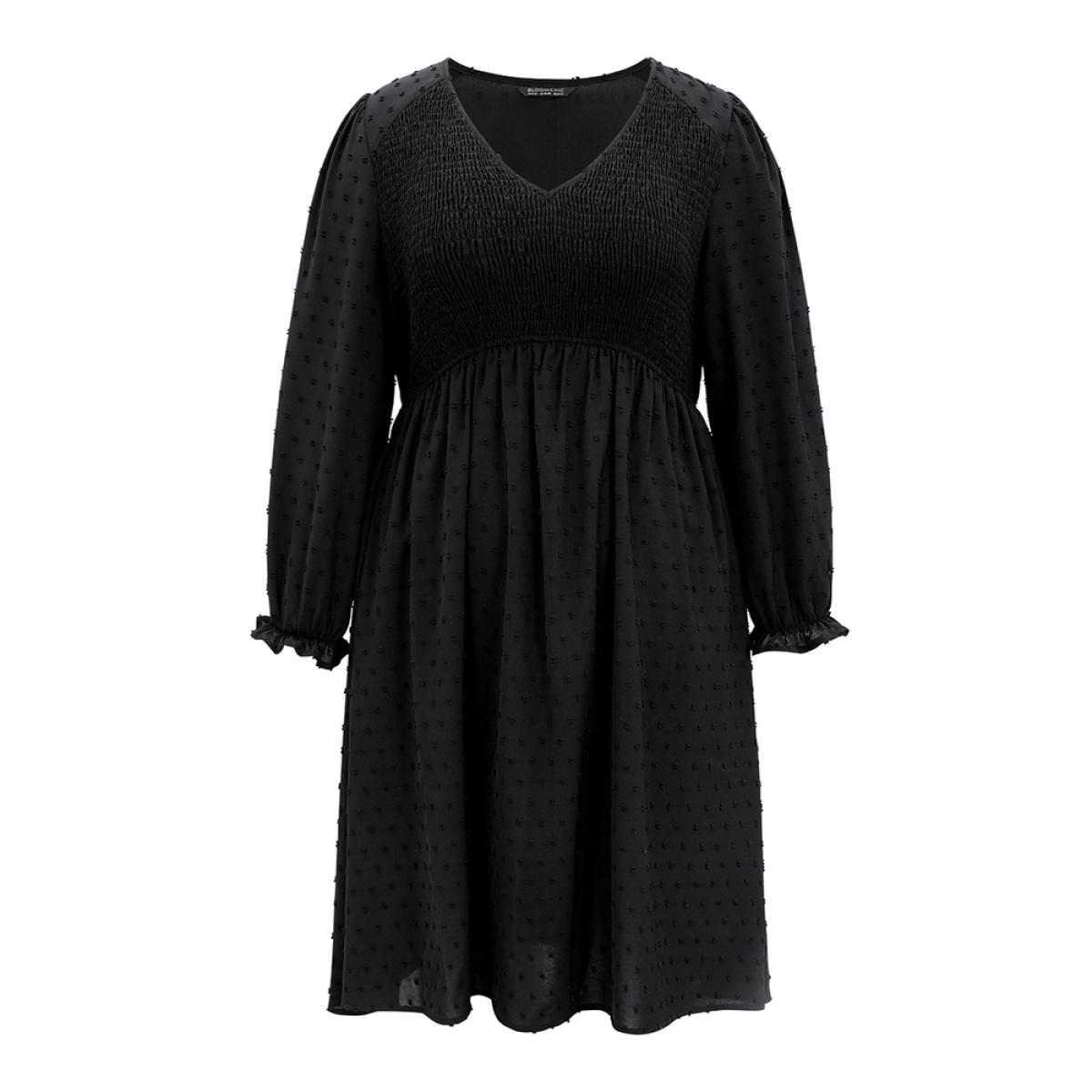 Plus Size Plain Gathered Texture Shirred Elastic Waist Dress Black Women Elegant Texture V-neck Long Sleeve Curvy Midi Dress BloomChic 18-20/2X Product Image