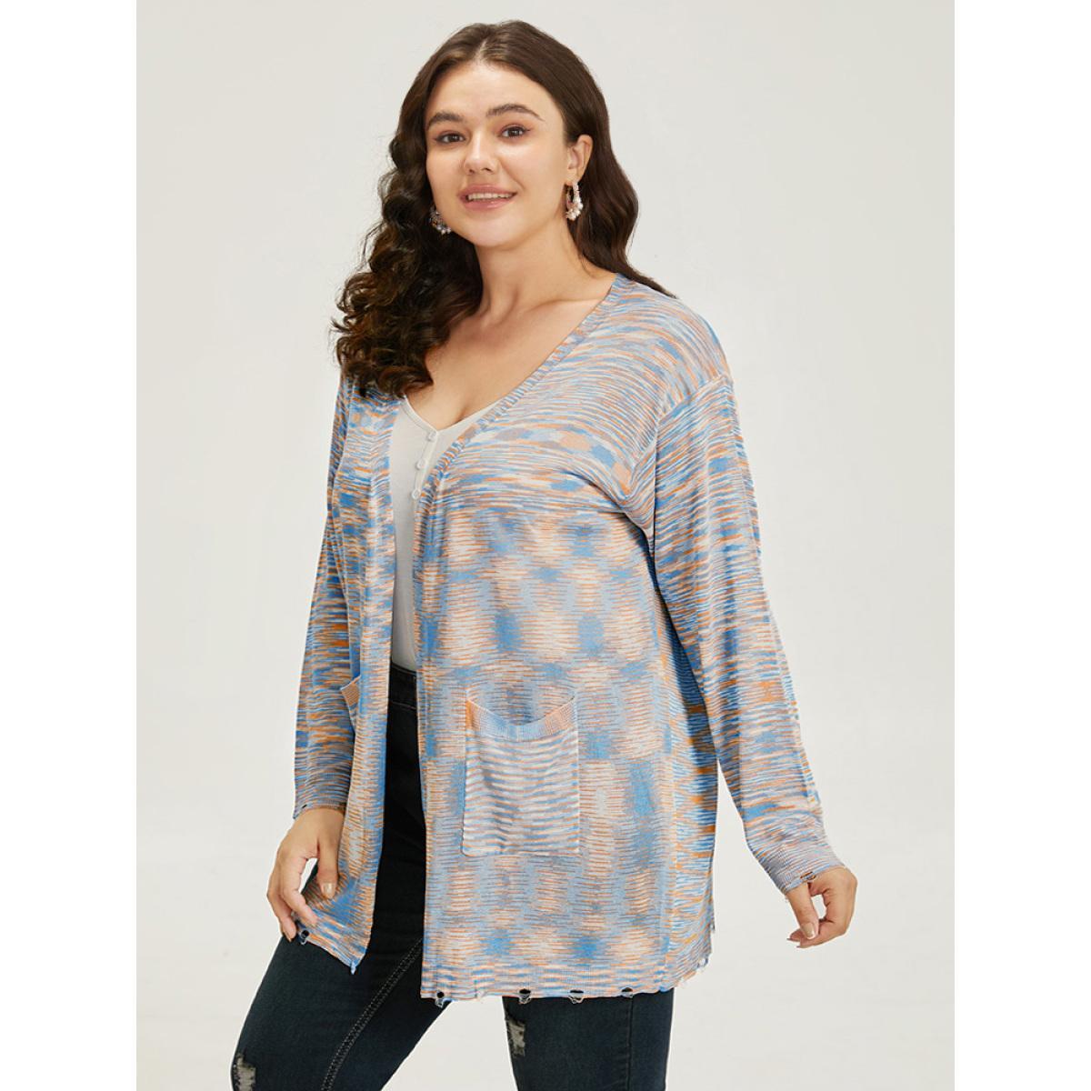 Plus Size Ombre Pocket Open Front Ripped Hem Cardigan Multicolor Women Casual Loose Long Sleeve Everyday Cardigans BloomChic 28/5X Product Image